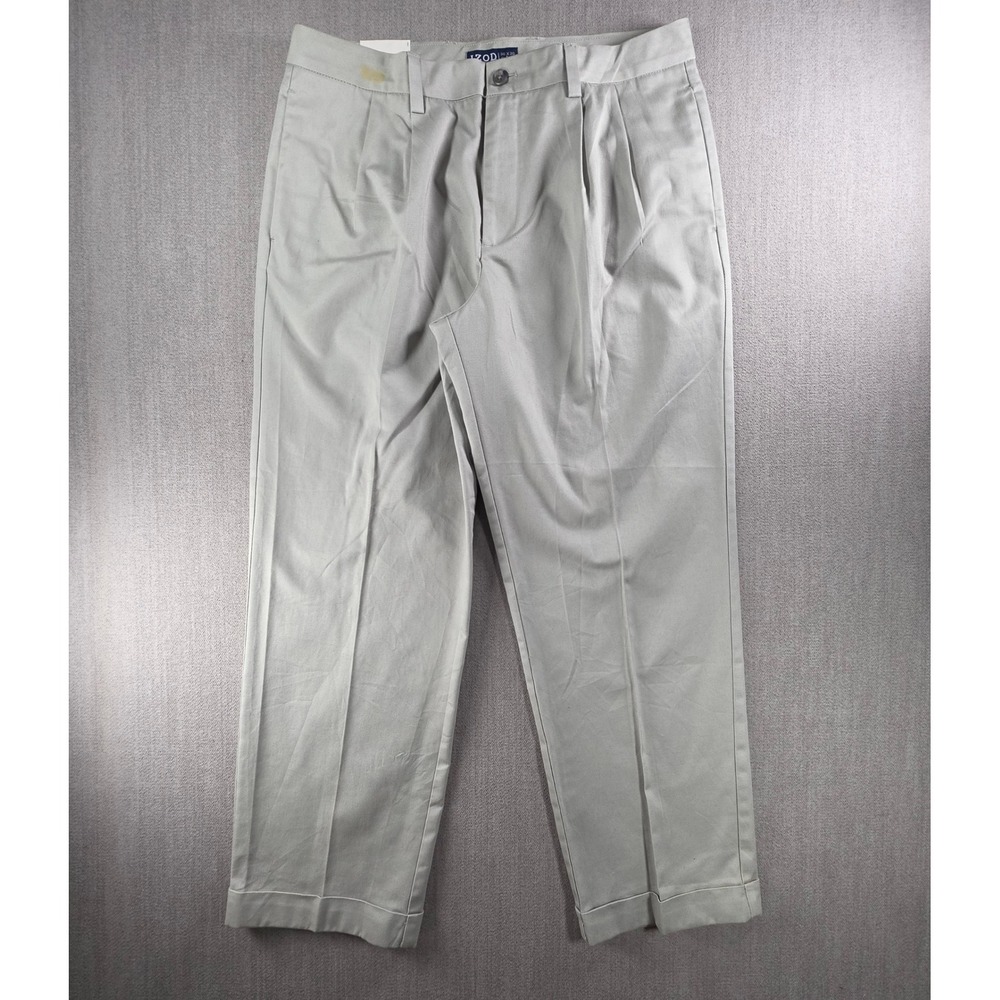 IZOD Chino Pants Mens 36x30 Grey Pleated Classic Fit Cuffed Cotton Twill
